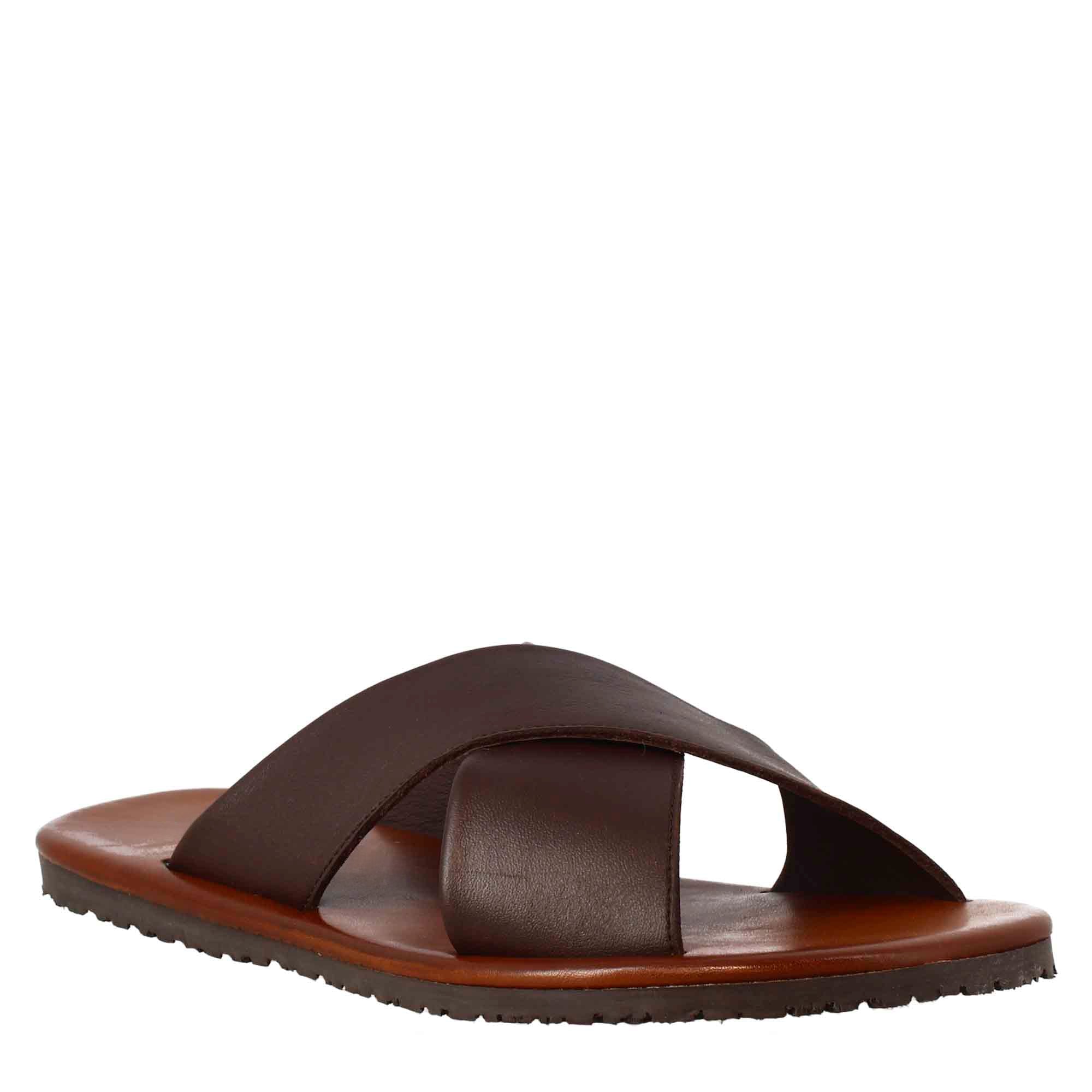 Brown Leather Crossed Bands Slippers - Image 3